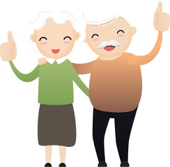 Old woman caring for elderly old man with walking stick and showing thumbs up.