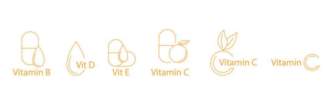 Vitamin B, Vitamin D, Vitamin E, Vitamin C Icon Set Vector Illustration 