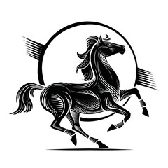 logo, decorative black horse on black circle background, isolated object on white background, vector illustration,