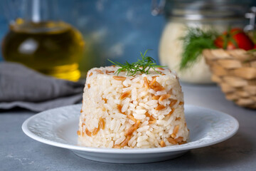 Traditional delicious Turkish food; Turkish style rice pilaf (Turkish name; Arpa sehriyeli pirinc pilavi)