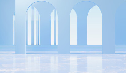 Arch architecture with blue marble background, 3d rendering.