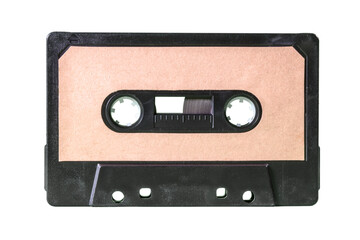 Fototapeta premium An old vintage cassette tape from the 1980s (obsolete music technology). Warm beige label, black plastic body. Isolated. 