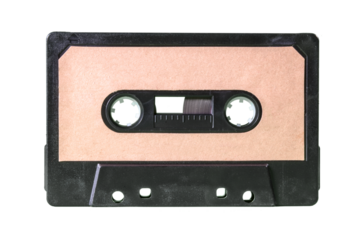 An old vintage cassette tape from the 1980s (obsolete music technology). Warm beige label, black plastic body. Isolated.
