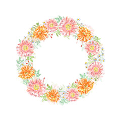 Watercolor floral garland with chrysanthemums and chamomile and leaves isolated on white background. Hand drawn art for weddings, invitation, save the date, cards, greetings design.
