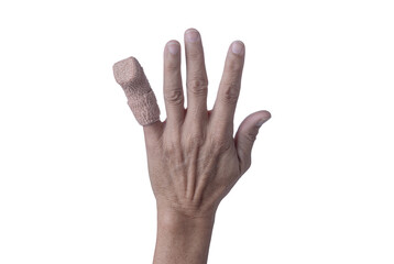 Close up hand injury with elastic bandage wrapped on little finger on white background , Accident-Hands
