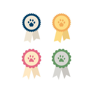 Badge with ribbons. Dog paw. Cat paw. Vector illustration