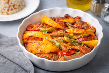 Traditional Homemade Turkish Food Kofte - Kofta with Tomato Sauce and Potatoes. (Turkish name; Izmir kofte)