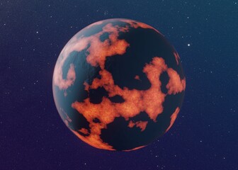 Sci-fi planet clip art with continents in fire on background with night sky with stars, 3D rendering