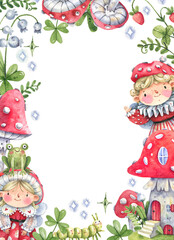 Cartoon forest frame with cute characters in fly agaric costumes, fly agaric houses, flowers and berries. Fairytale frame for postcards, invitations, albums.