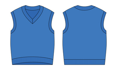 Blank Blue V-Neck Sweater Vest Template On White Background.Front and Back View, Vector File.