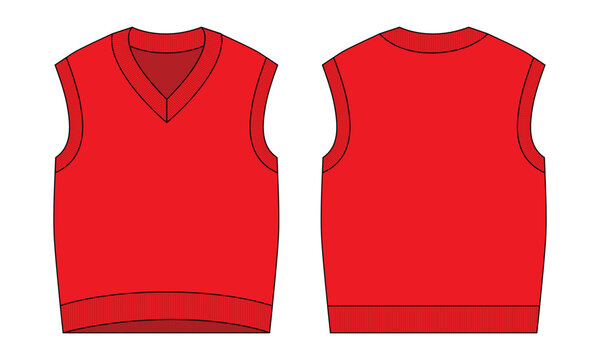 Blank Red V-Neck Sweater Vest Template On White Background.Front and Back View, Vector File.