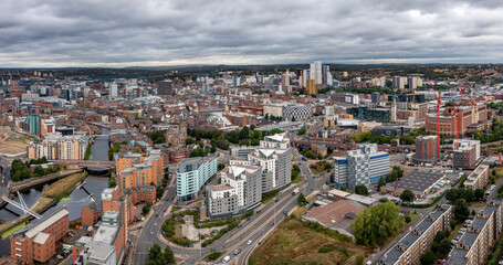 Aerial view of Leeds cityscape and Robert’s Wharf skyline
