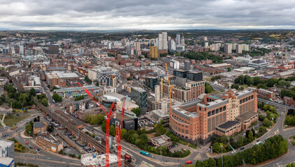 Aerial view of Leeds city business district cityscape skyline
