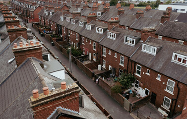 Aerial view of run down terraced homes in the North of England