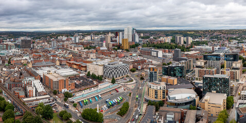 Aerial view of Leeds city centre bus station in a cityscape skyline - obrazy, fototapety, plakaty