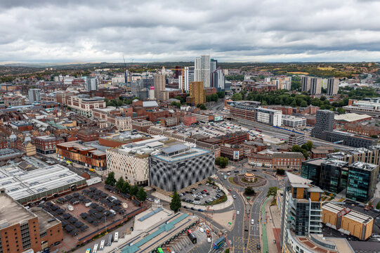 Aerial View Of Leeds City Centre Bus Station And Retail District In A Cityscape Skyline