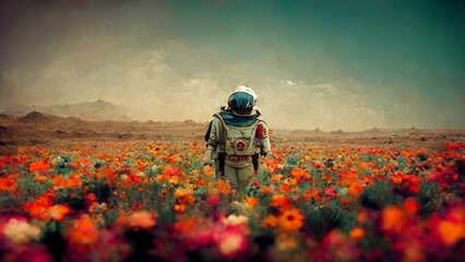 Beautiful painting of an astronaut in in a field of flowers on a different planet