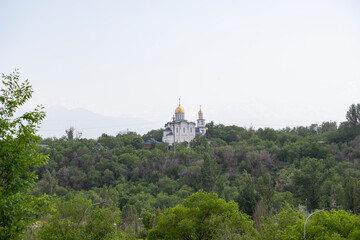 Fototapeta na wymiar Russian Orthodox Church in the middle of the forest. The golden domes of the church rise above the forest.