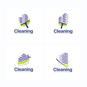 Cleaning service company vector logo design set with building and cleaning tools 