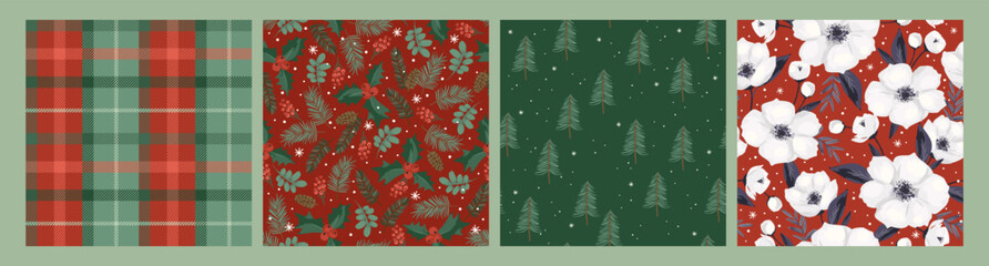 Christmas and Happy New Year seamless patterns. Christmas tree, flowers, berries, plaid. New Year backgrounds. Vector design.