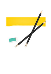 Pencil, eraser and paper. Stationery object set.