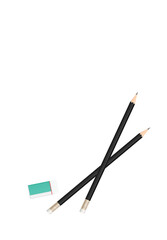 Pencil, eraser and paper. Stationery object set.