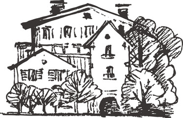 Pen drawing of a fragment of a street or a small town.