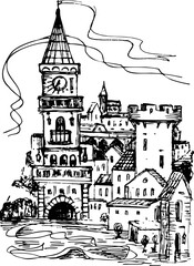 Pen drawing of a fragment of a street or a small town.