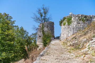 The ruins of the high-mountainous Anakopia fortress in Abkhazia in the summer.
