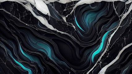 Abstract 4k wallpaper. Liquid fluid, black dark marble, obsidian, with blue, aqua, teal ripples. Modern clean backdrop. Textures, textured illustration with ripples.  - obrazy, fototapety, plakaty