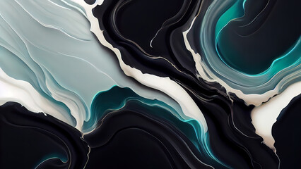 Abstract 4k wallpaper. Liquid fluid, black dark marble, obsidian, with blue, aqua, teal ripples. Modern clean backdrop. Textures, textured illustration with ripples.  - obrazy, fototapety, plakaty