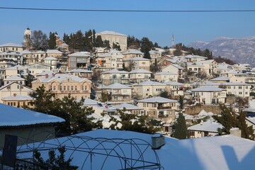 Panoramic shot of the Macedonia city  from a snowy roof