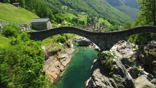 Beautiful view of the Ponte dei Salti Bridge in Lavertezzo, Switzerland