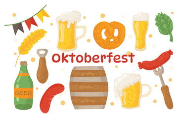 Vector set of beer and beer snacks. Collection for Oktoberfest. Beer set. Glasses of beer, sausage, hops, wheat, pretzels.