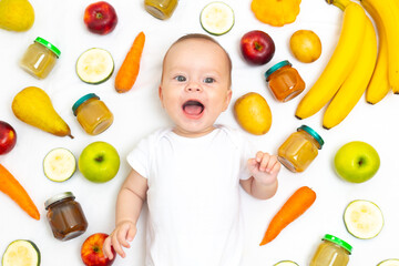 Puree for baby food with vegetables and fruits. Selective focus. nutrition. The first complementary feeding of the child.