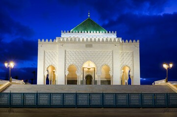 Aerial view of Mausoleum of Mohammed V surrounded by stony column in Rabat