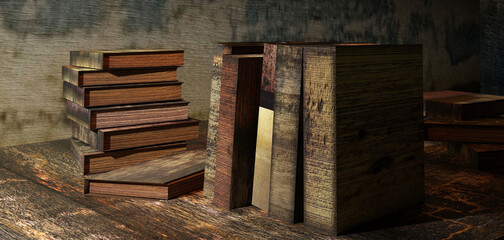 Stack of old books on a table in library or school. Reading, studying, blogging and back to school concept. Retro style. 3D render illustration.