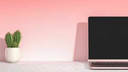 Closeup shot of a notebook on a table near the small potted cactus in front of a pink wall © Wirestock Creators