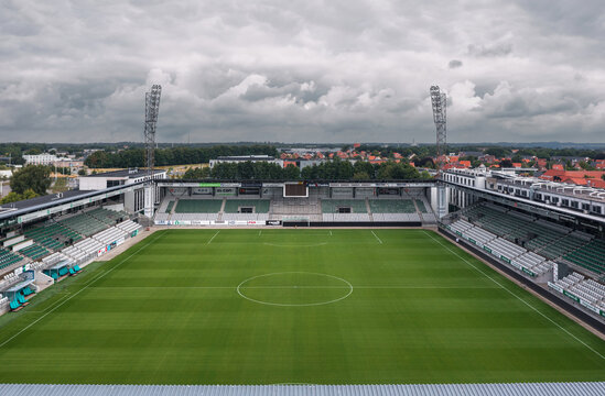 Panoramic aerial drone summer view on Viborg Stadion (Energi Viborg Arena), home stadium for football club Viborg F.F. (VFF). Viborg, Denmark - August 2022