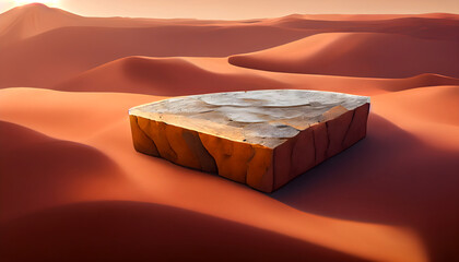 Stone product presentation podium in a desert landscape with much sand