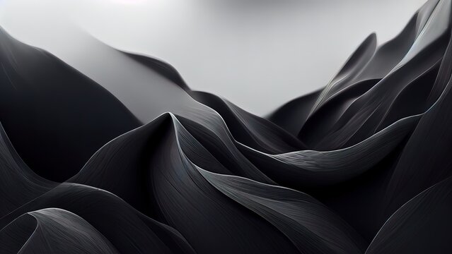 Black textures wallpaper. Abstract 4k background silk, smooth, waves  pattern. Modern clean minimal backdrop design. Black and white high definition. 
