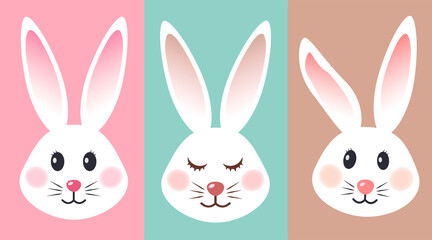 white bunnies on pastel colors illustration. Cartoon, cute rabbits illustration set. 