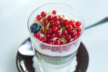 Summer fresh dessert. Dessert of a layer of sponge cake with cottage cheese cream and kiwi, with fresh cranberries in a glass jar on a white background. For advertising. Close-up