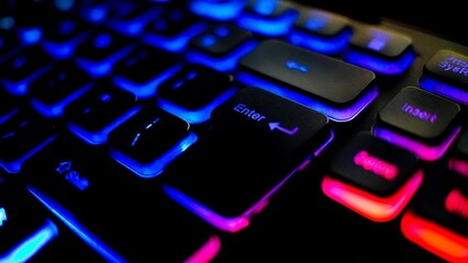 Close-up view of the modern gaming keyboard with colorful lights