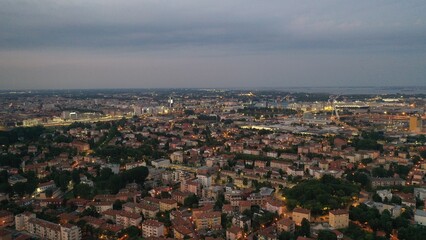 evening urban city aerial panorama drone