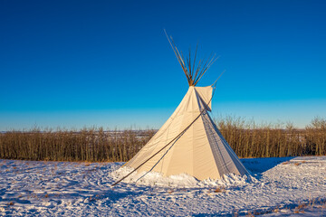 A canvas teepee provides shelter from the winter weather in the foothjills of southern Alberta