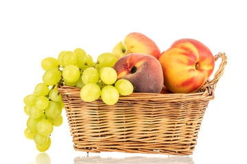 One bunch of white grapes, apple, peach and nectarine in a basket, macro, isolated on a white background.