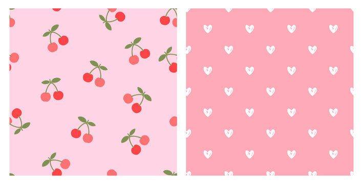 Seamless pattern with cherry fruit, green leaves and hand drawn hearts on pink backgrounds vector.