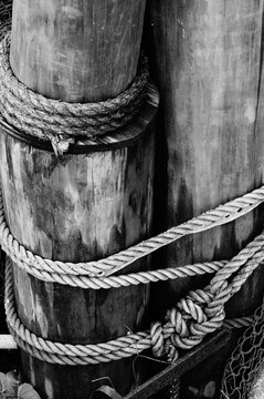 Grayscale Shot Of Wooden Posts Tied Together By A Rope