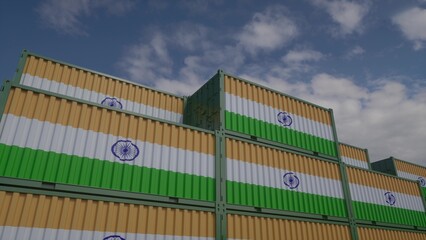 India flag containers are located at the container terminal. India export or import concept. 3d illustration